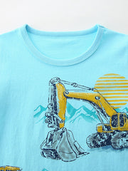 Light blue toddler t-shirt with excavator graphic and mountain scene.