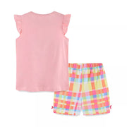 Pink cotton toddler set with ruffled sleeves and colorful plaid shorts.