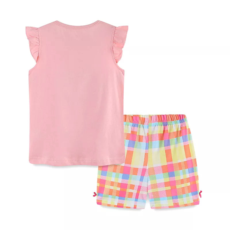 Pink cotton toddler set with ruffled sleeves and colorful plaid shorts.