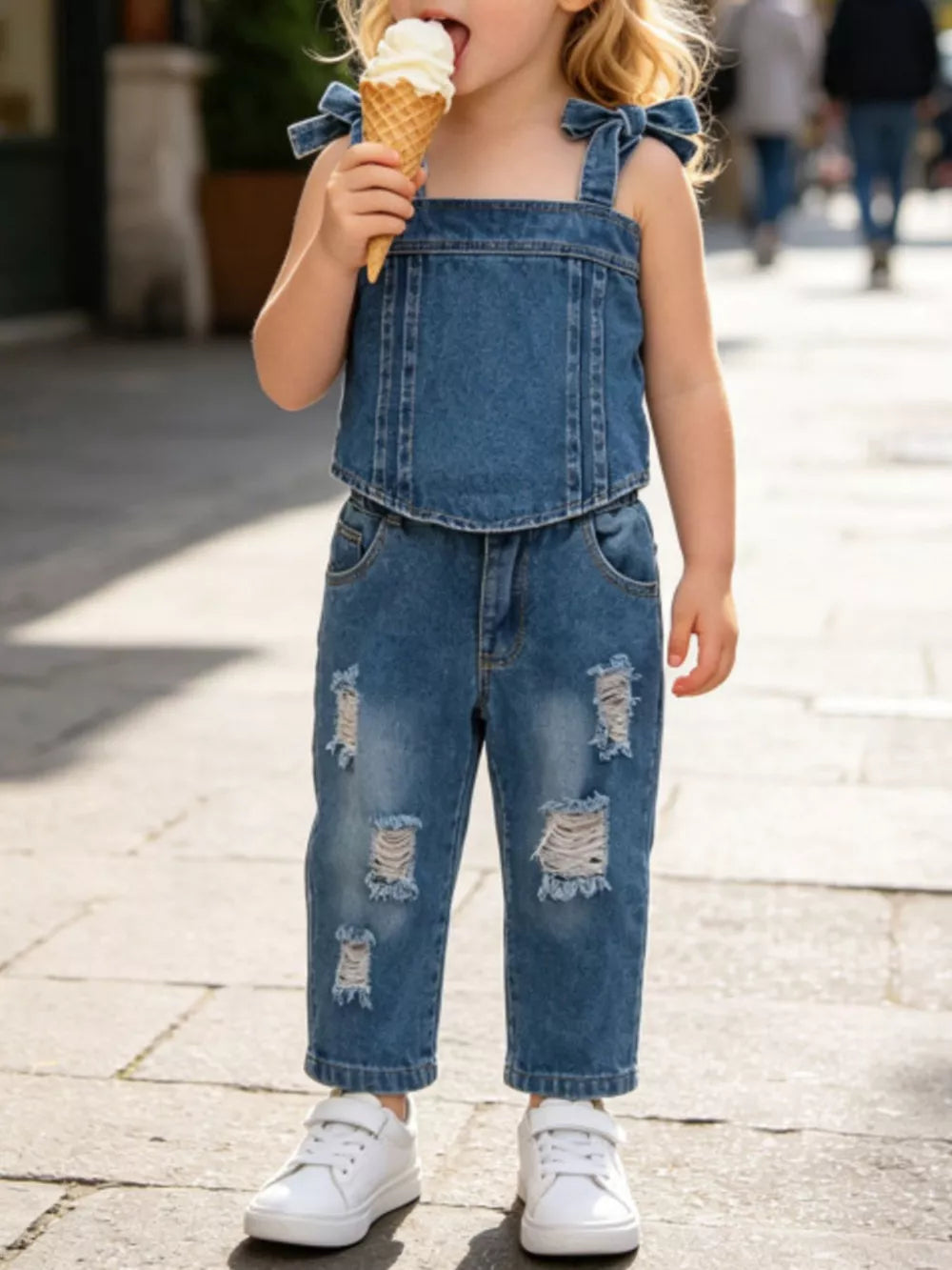 Children's Tie Shoulder Tank And Distressed Jeans Set in Blue, front view