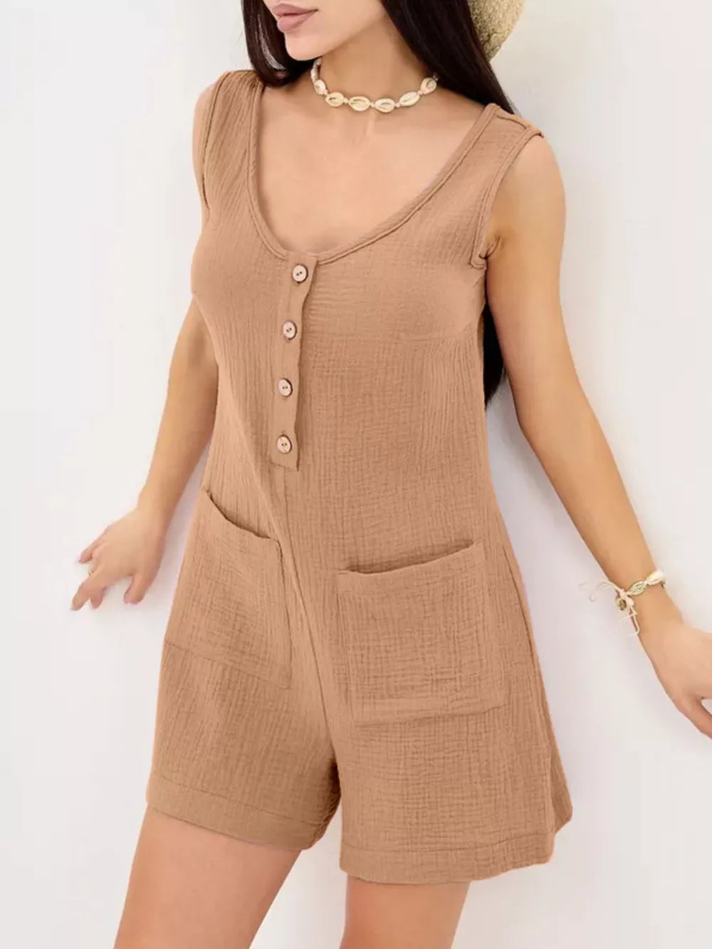 Khaki crinkled cotton button-down sleeveless romper with pockets