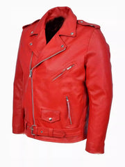 Red leather motorcycle jacket with zip closure, belt, and zippered pockets.