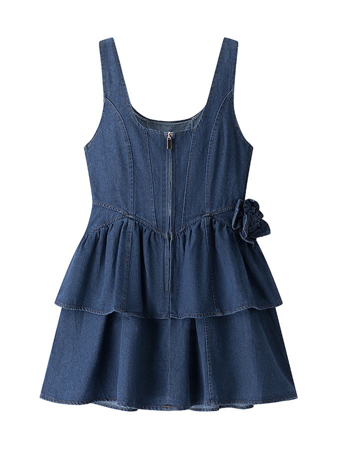 Denim mini dress with tiered ruffles, floral applique, and front zipper.