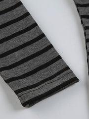 Grey and black striped t-shirt with a boat neck and long sleeves.