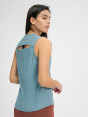 Teal activewear tank top with back cutout detail