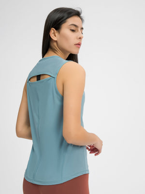 Teal activewear tank top with back cutout detail