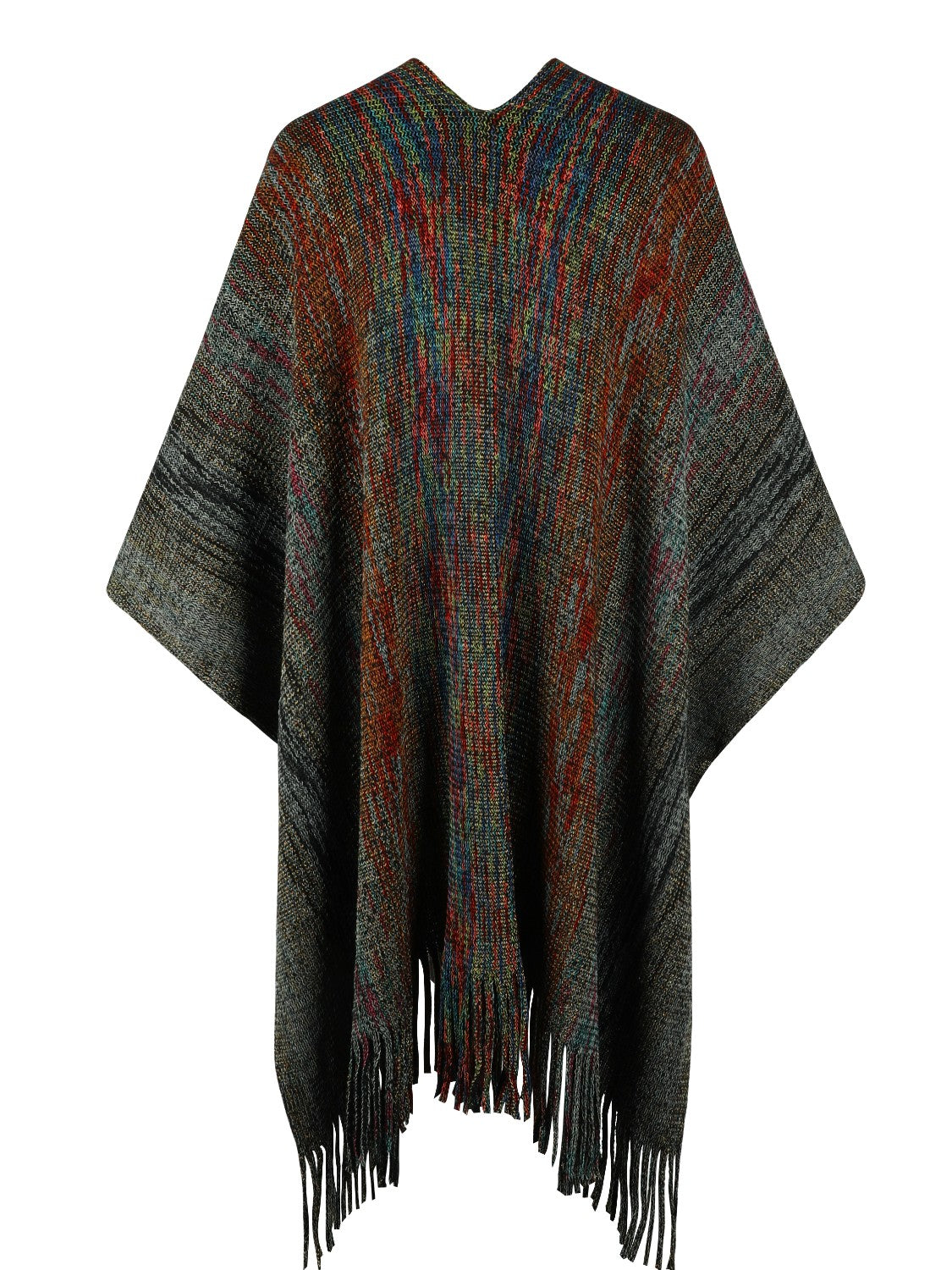 Knit wrap coat with multicolor yarn and fringe detail