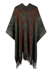 Knit wrap coat with multicolor yarn and fringe detail