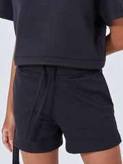 Black drawstring pocket shorts with a comfortable casual fit.
