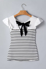 Chic striped tank top with ruffled sleeves and a black knot back detail.