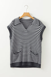 Gray striped knit polo vest with collar and two front pockets.
