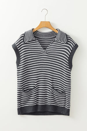 Gray striped knit polo vest with collar and two front pockets.
