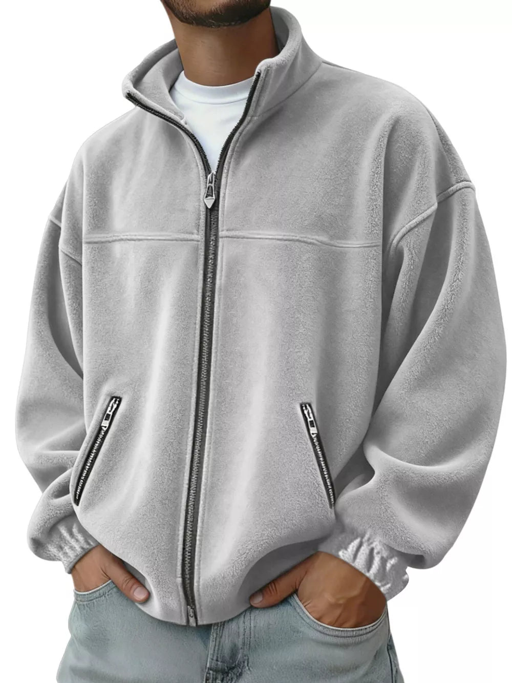 Men's light gray fleece zip-up jacket with zippered pockets and mock neck.