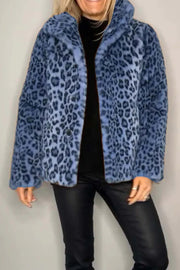 Leopard print faux fur collar coat in royal blue with button closure.