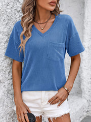 Blue ribbed V-neck t-shirt with short sleeves and a chest pocket.