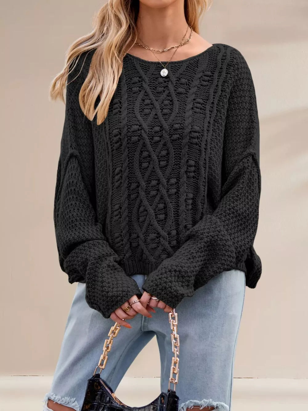 pullover sweater in Khaki with cable knit and cable-knit
