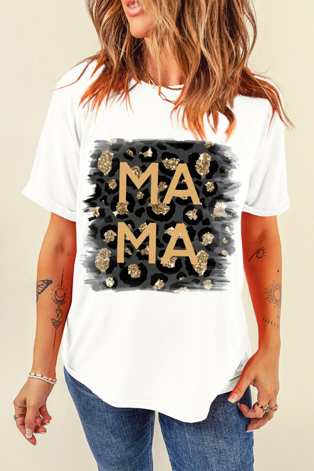 White graphic tee with leopard print and gold glitter Mama text