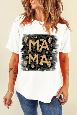 White graphic tee with leopard print and gold glitter Mama text