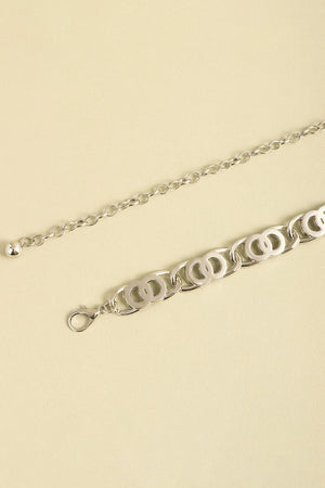 Silver chain belt with interlocking circle links and a lobster clasp closure.