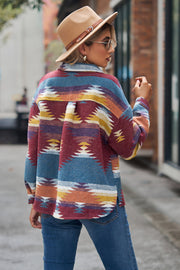 Southwestern print overshirt jacket in burgundy, blue, tan, and orange with button details.