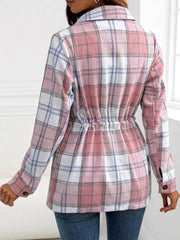 Belted blush pink plaid shacket with drawstring waist and utility detailing.