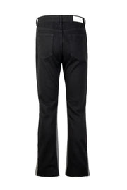 Black cotton bootcut jeans with contrast grey side panels and raw hem