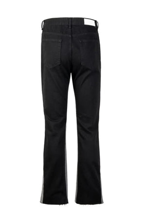 Black cotton bootcut jeans with contrast grey side panels and raw hem