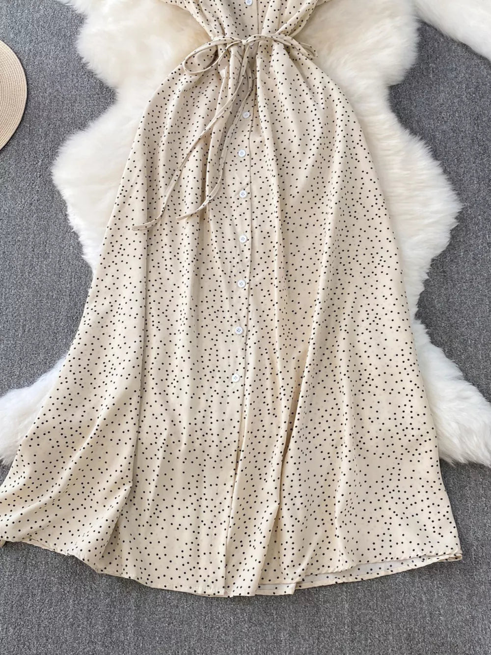 Apricot polka dot maxi dress with button front and tie belt