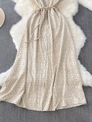 Apricot polka dot maxi dress with button front and tie belt
