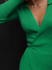 Green ribbed knit wrap midi dress with collar and long sleeves.