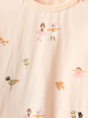 Toddler cotton blend pajamas with a ballerina and bunny print on a light peach background.