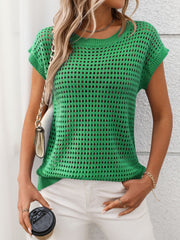 Green openwork knit crewneck sweater with short sleeves and a relaxed fit.