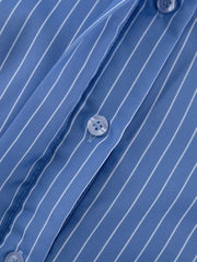 Striped Buttoned Shirt And Mini Skirt Set in Dusty Blue, fabric detail