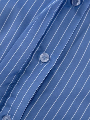 Striped Buttoned Shirt And Mini Skirt Set in Dusty Blue, fabric detail