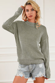 Green and white striped ribbed mock neck pullover sweater with long sleeves.