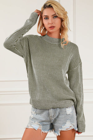 Green and white striped ribbed mock neck pullover sweater with long sleeves.