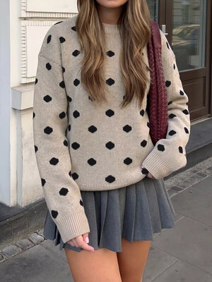 Polka Dot Dropped Shoulder Sweater in Khaki, side view
