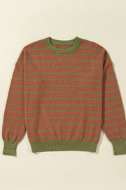 Waffle knit sweater with green stripes and olive green trim.