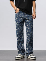 Relaxed fit blue cotton jeans with abstract camouflage pattern