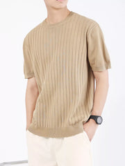 Men's camel ribbed knit t-shirt with crew neck and short sleeves.