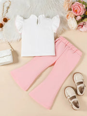Baby pink flare pants and white ruffled top set with pink trim.