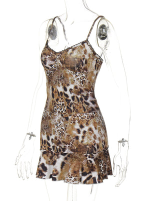 Leopard print cami and ruffled skirt set with lace trim detail.