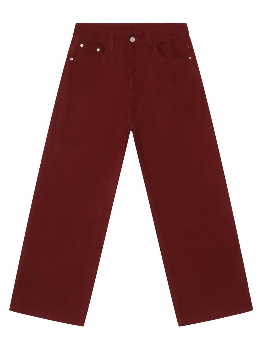 Burgundy wide-leg denim trousers with a casual, baggy fit.