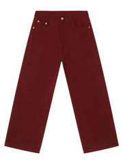 Burgundy wide-leg denim trousers with a casual, baggy fit.