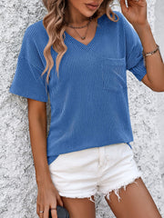 Blue ribbed V-neck t-shirt with short sleeves and a chest pocket.