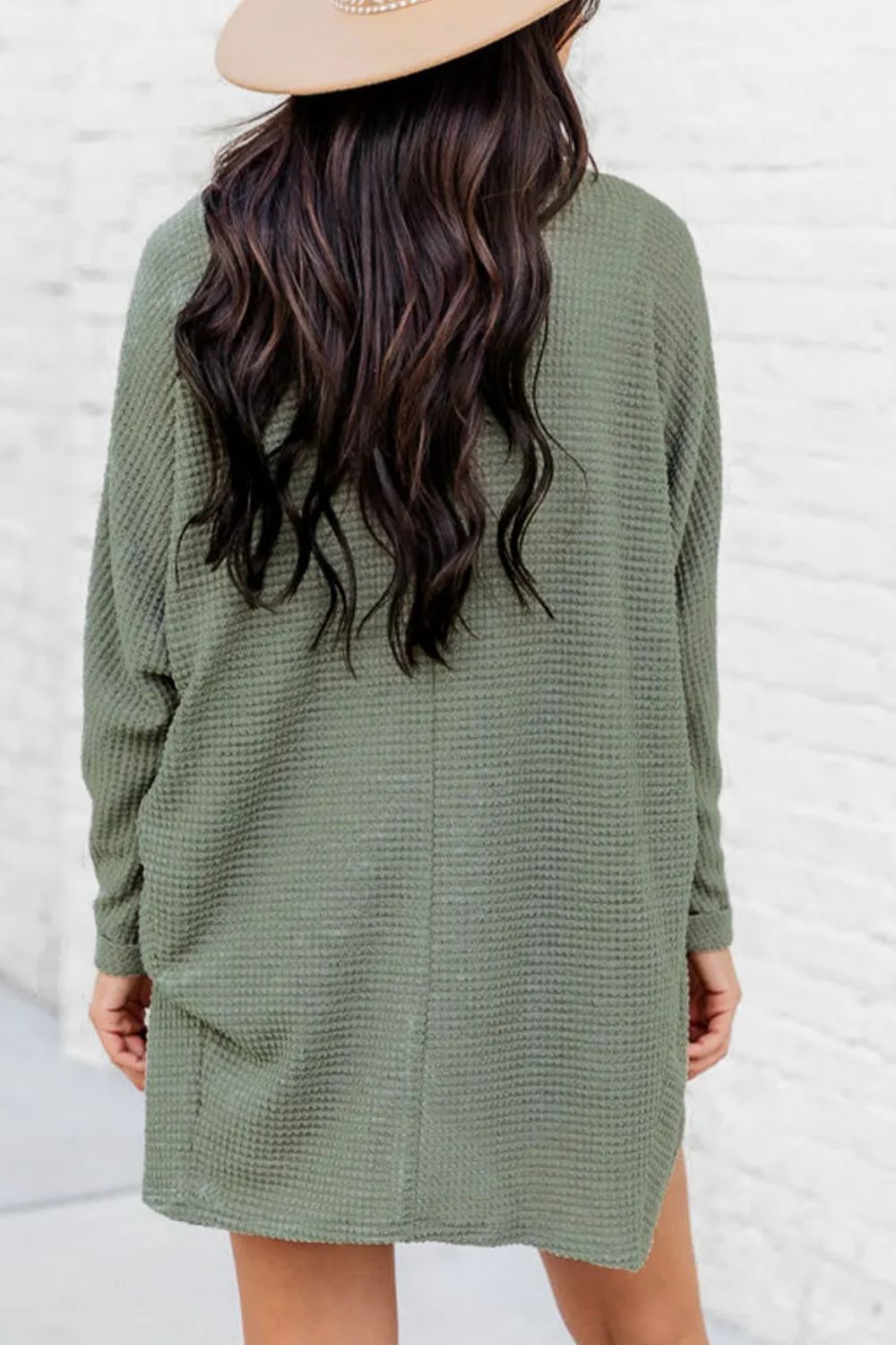 Sage waffle knit open-front duster cardigan with long sleeves and a relaxed fit.