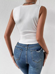 White ruched cowl neck tank top with ruched detail at waist.