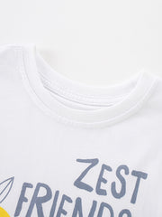 White cotton toddler tee with Zest Friends graphic and lemon detail