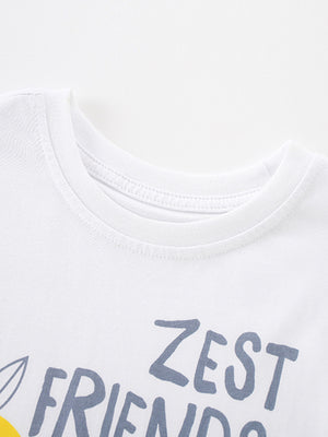 White cotton toddler tee with Zest Friends graphic and lemon detail