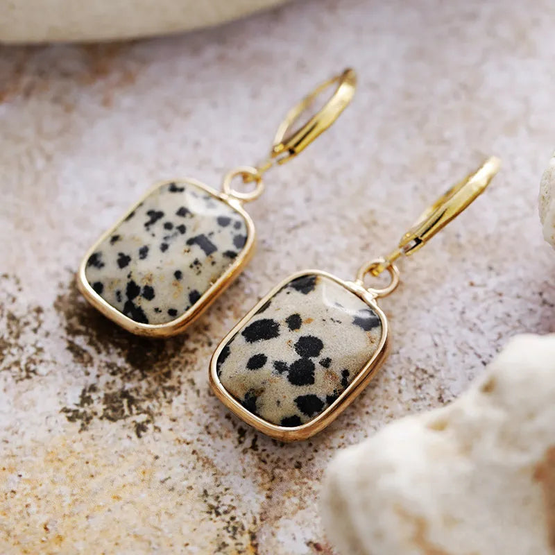 Turquoise stone and gold drop earrings with black spots, 18K gold-plated.